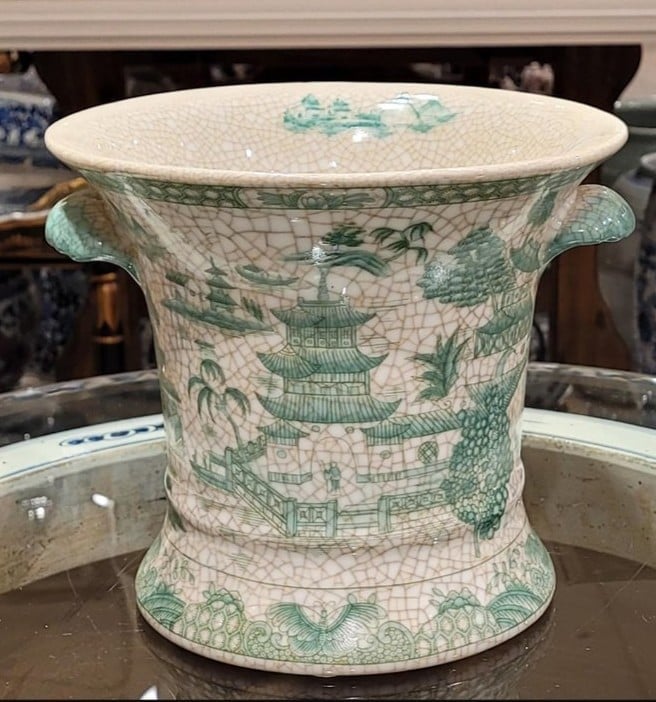 Vintage Style Green Willow Porcelain Planter 7.5 H