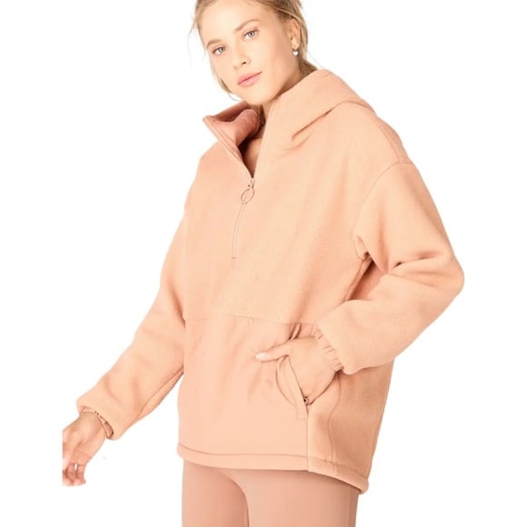 Fabletics Lotta Sherpa Half Zip Hooded Sweatshirt Jacket in peach tan