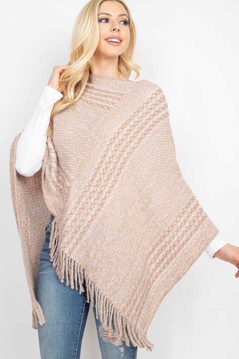 Poncho with Striped Pattern and Tassels