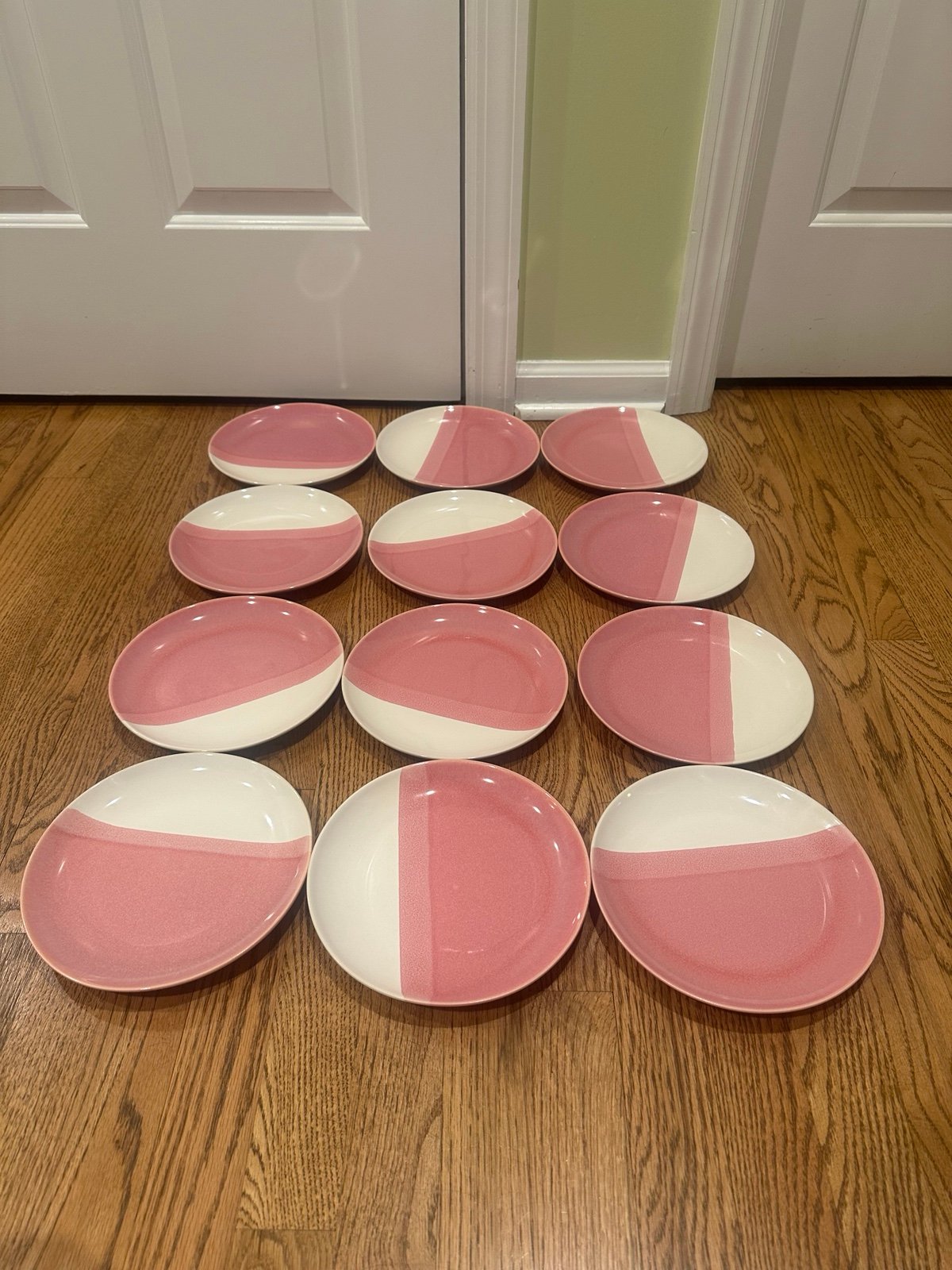 Pier 1 Pink White Salad Dessert Plates Set Of 12 Stripes Dip Paint Stoneware 8
