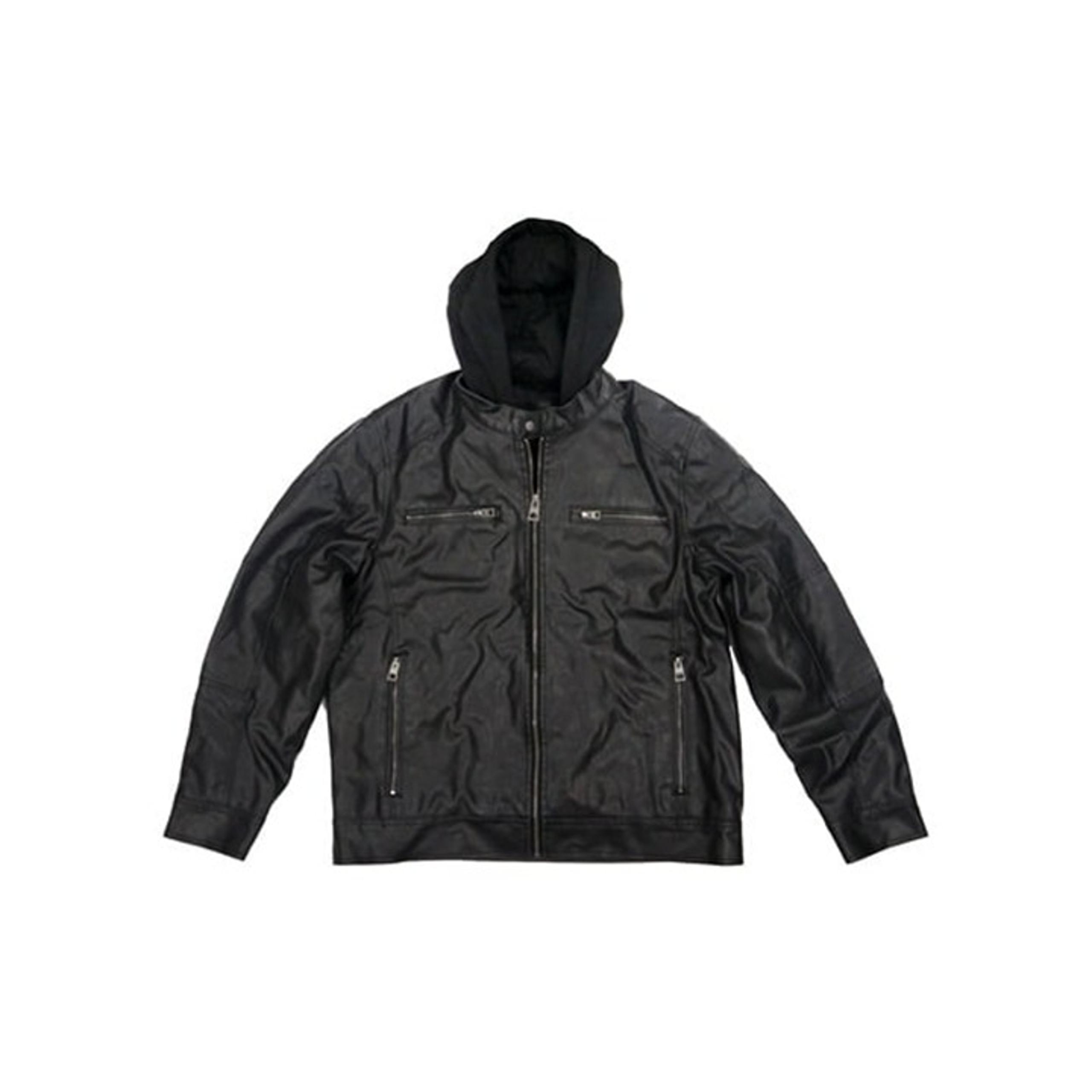 GUESS Men's Faux-Leather Detachable-Hood Motorcycle Jacket Size : L