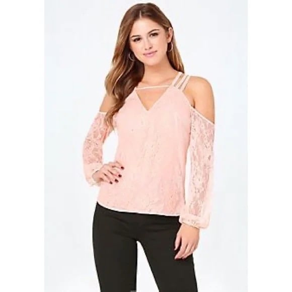 Bebe Lace Strappy Shoulder Pink Top