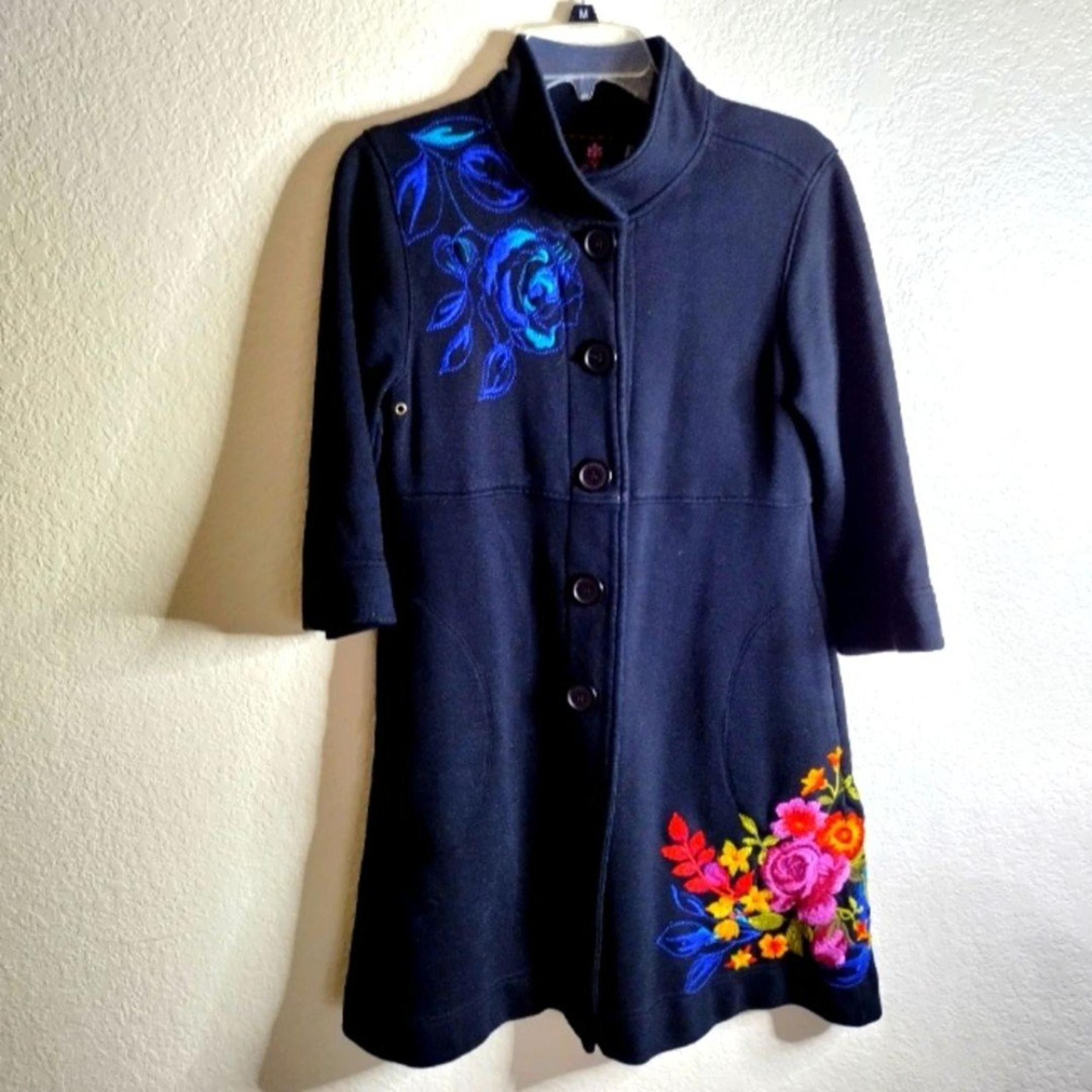 Johnny Was Black & Multi Cotton Button Front Floral Embroidery Jacket sz S