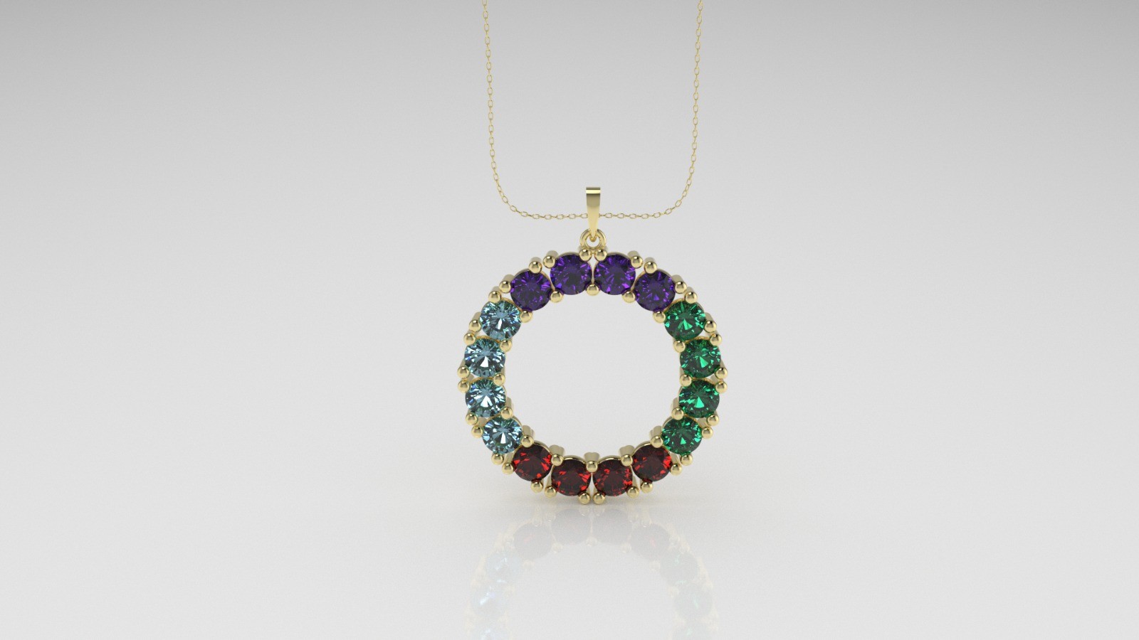 14K Pendant with Ruby, Emerald, Aquamarine, Amethyst, includes 18 inch Chain