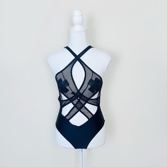 iHeartRaves Black Fishnet Mesh Front Strappy Criss Cross Corset Halter Bodysuit