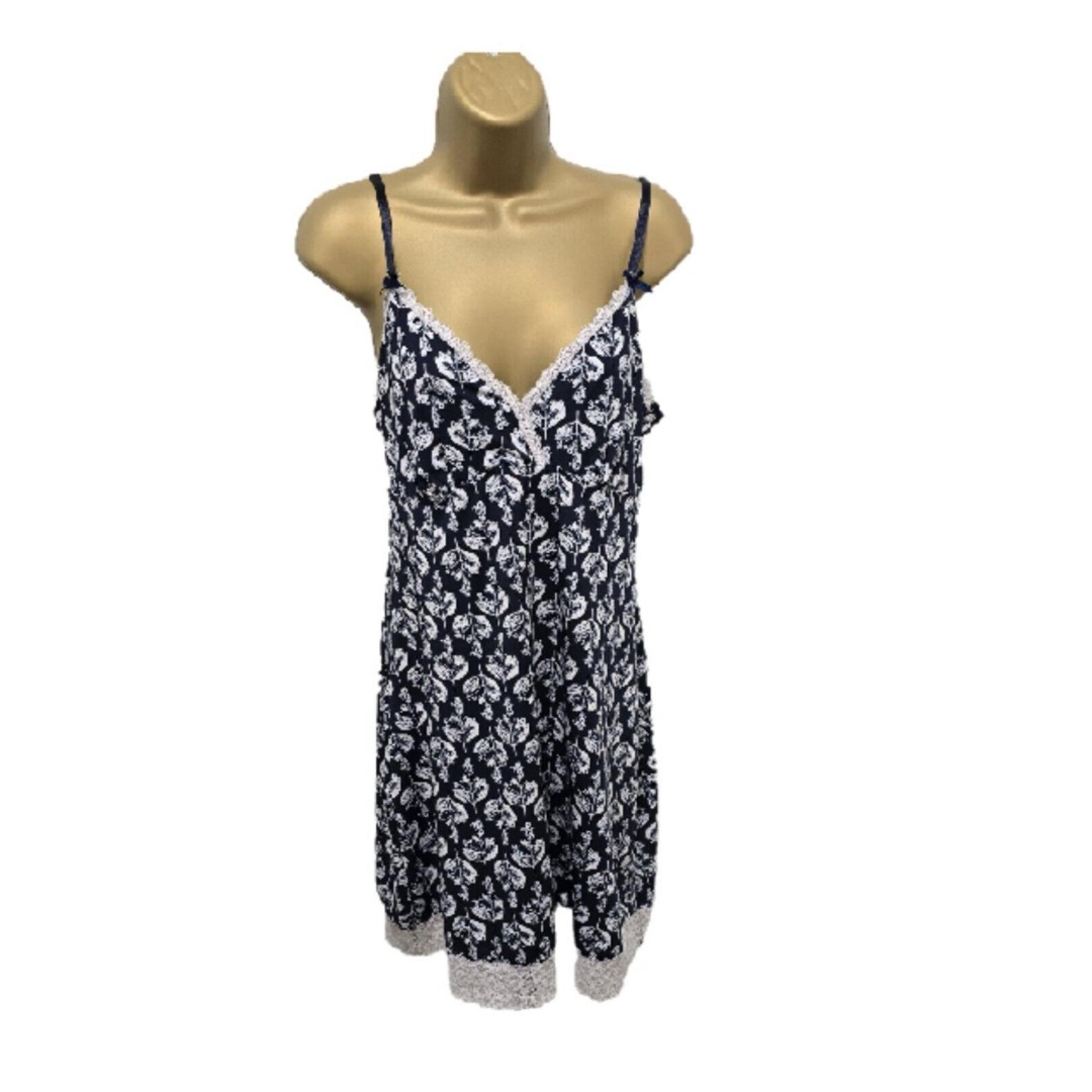 Laura Ashley Babydoll Slip Tank Dress Womens M Blue Cream Lace Floral Bows Fairy