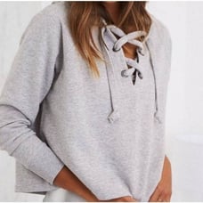 American Eagle Aerie Gray Hooded Lace Up Vneck Cropped Sweatshirt Medium