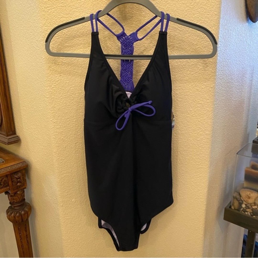 NWT~PRANA Women Black & Purple One Piece Swimwear Size Medium