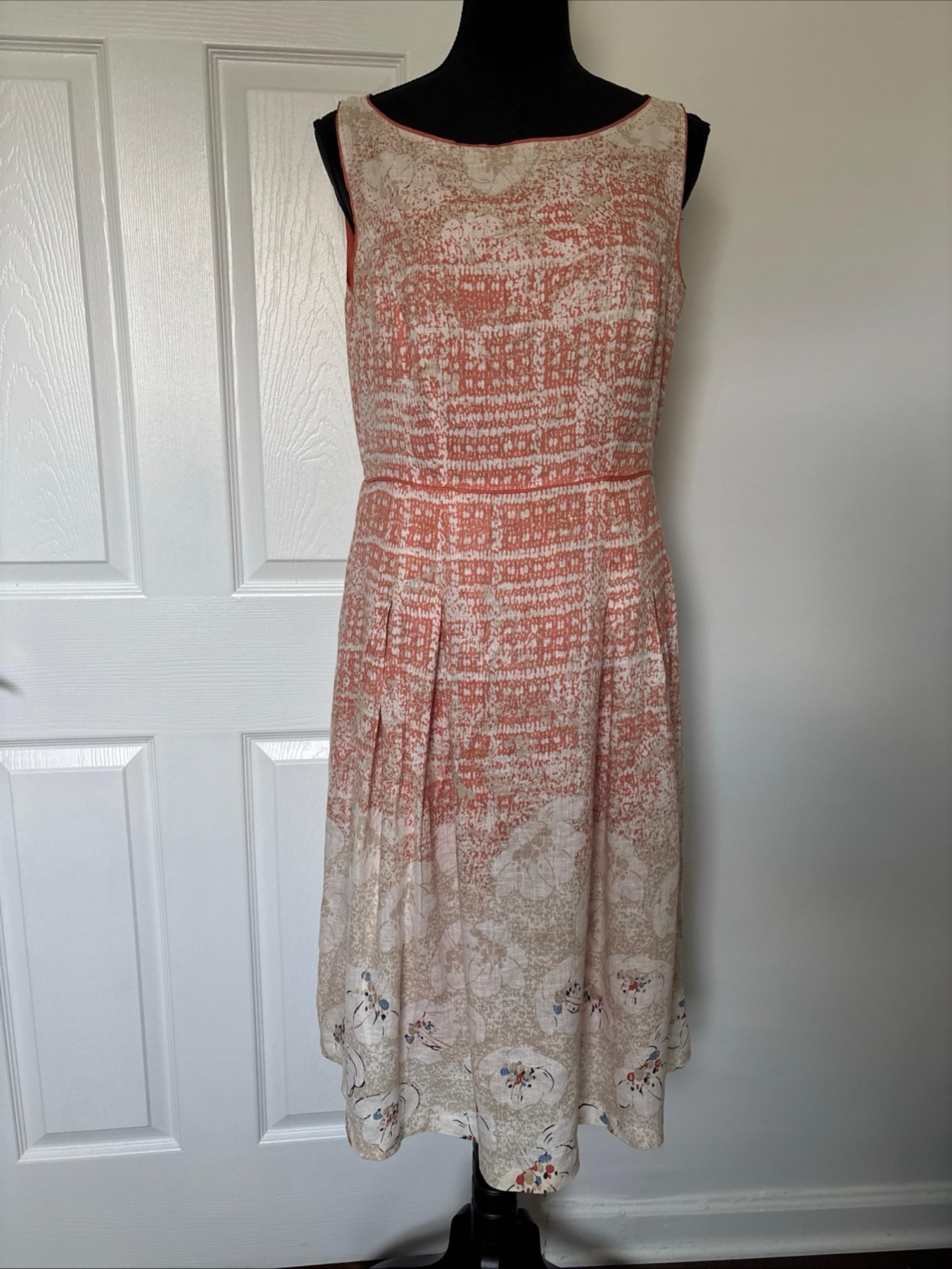 Elie Tahari Sleeveless Peach/Tan Linen Midi Dress - Size 14