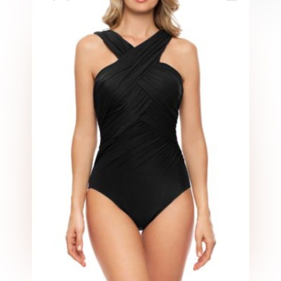 MIRACLESUIT Novel Ideas Crisscross High Neck One-Piece Swimsuit Sz L