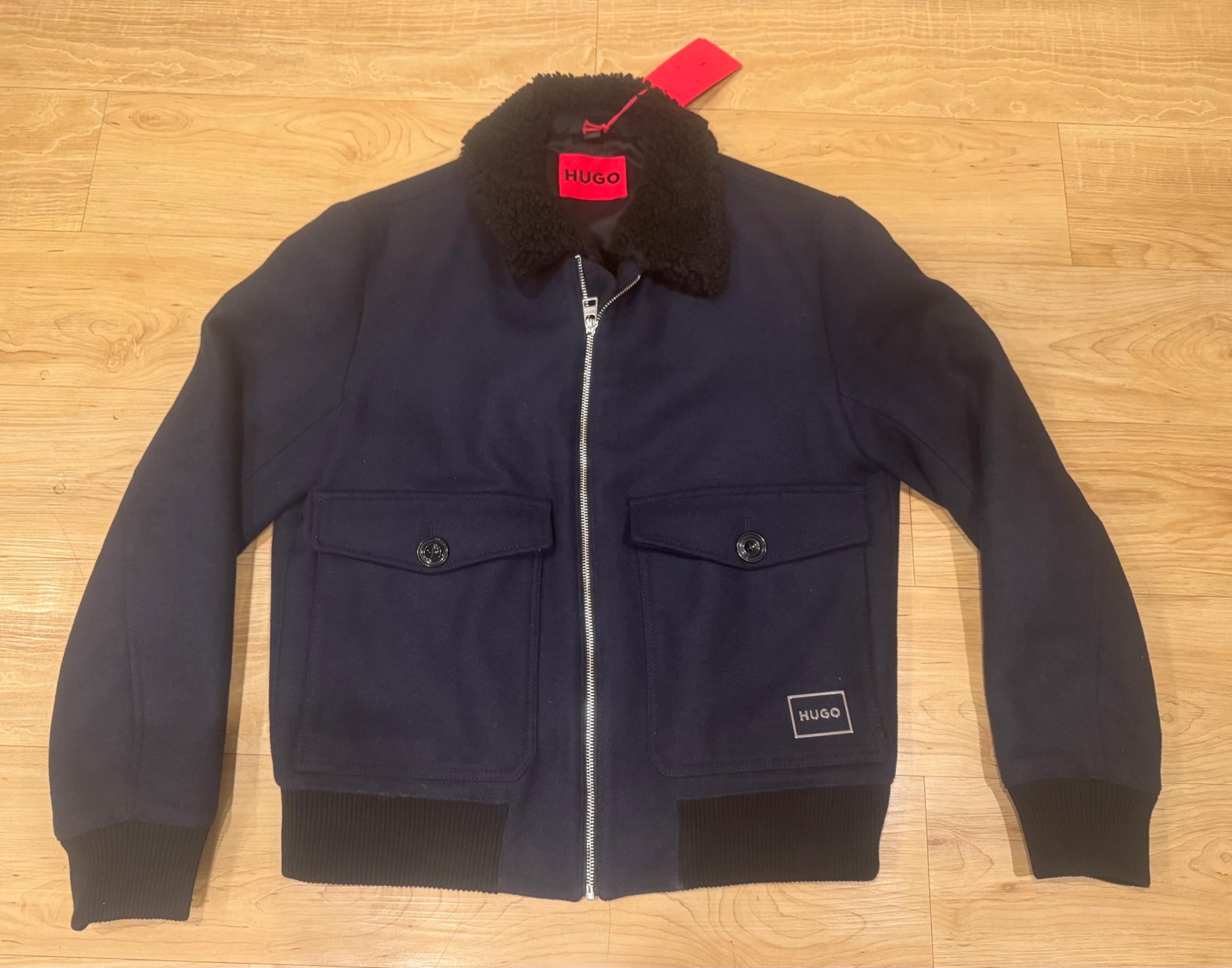 Hugo Boss Men’s Wool Sherling Quilted Collar Bomber Full-Zip Jacket Blue NWT S