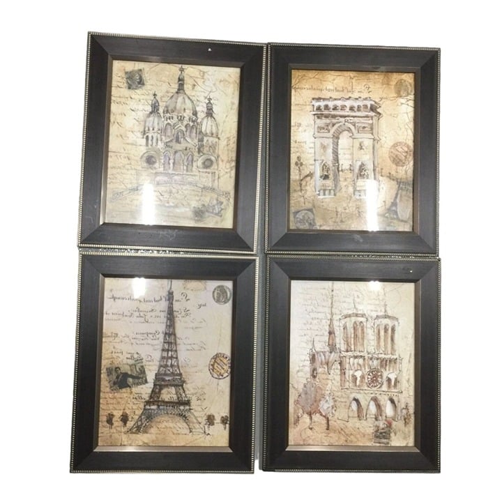Set of 4 Framed Poster Prints/Home Decor of Eiffel Tower, Sacre-Coeur, Notre Dam