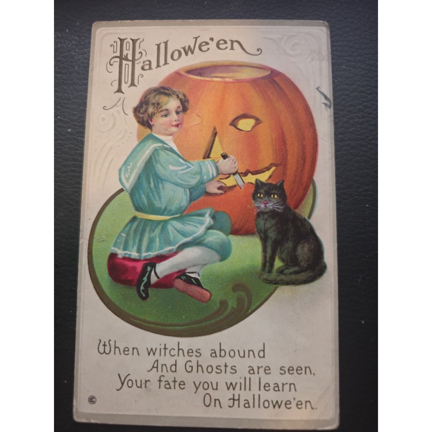 Antique Halloween Postcard Boy Carving Pumpkin BLACK CAT Series 226 D HALLOWEEN