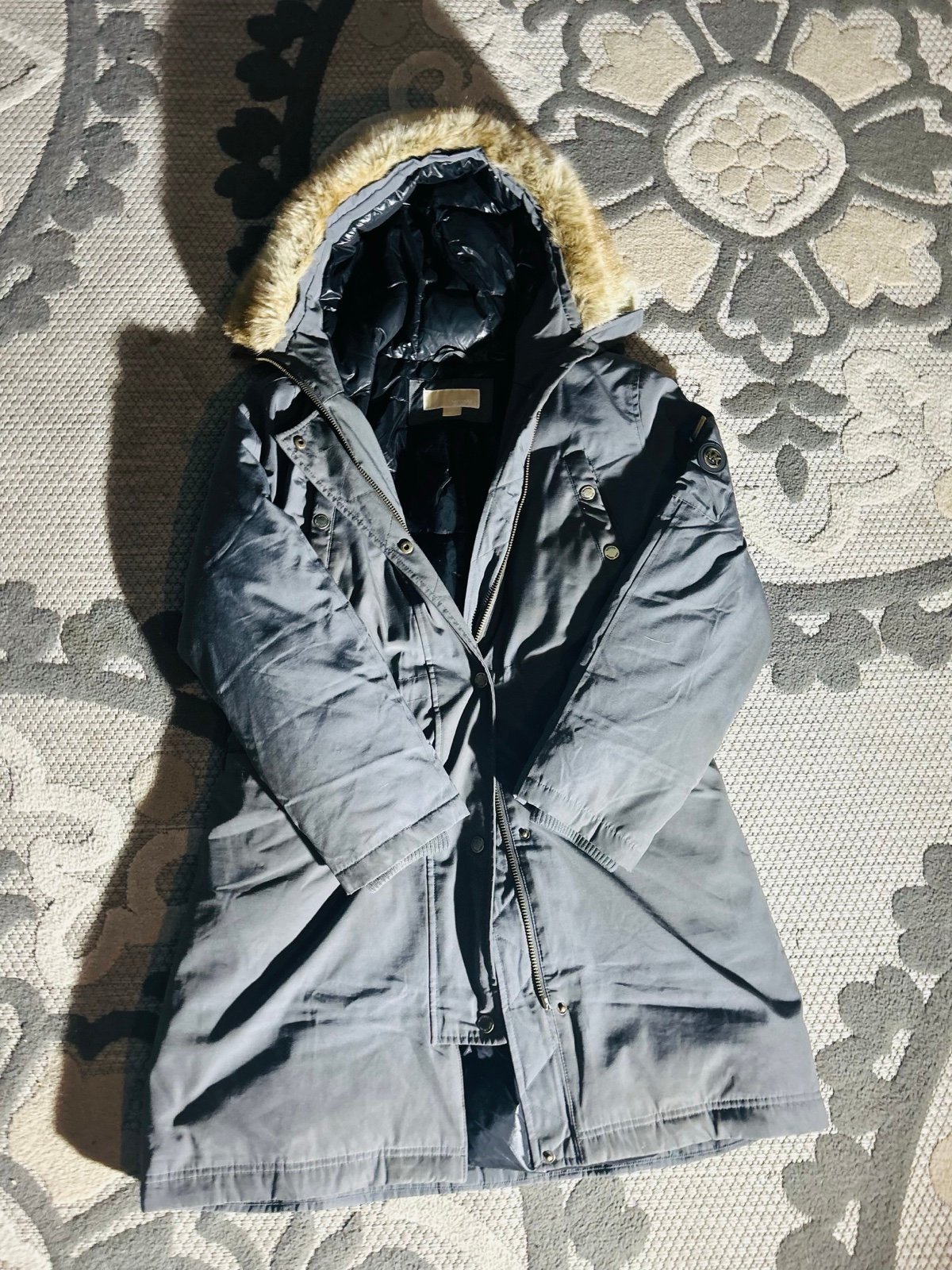 Michael Kors Puffer Jacket Black Fur Rimmed Hood Women Size Large Grey