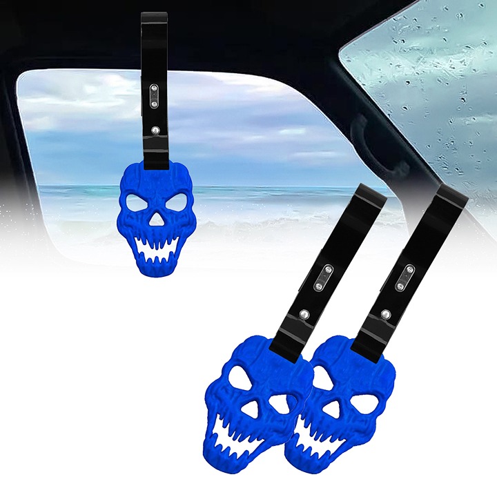 BRAND NEW 2PCS SKULL HEAD BLUE JDM TSURIKAWA RING Black Handle Strap Drift Charm