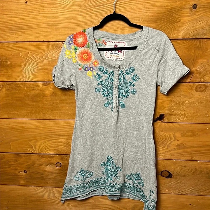 Johnny Was Los Angeles Womens Tunic Embroidered Floral SM Boho Short Sleeve JWLA