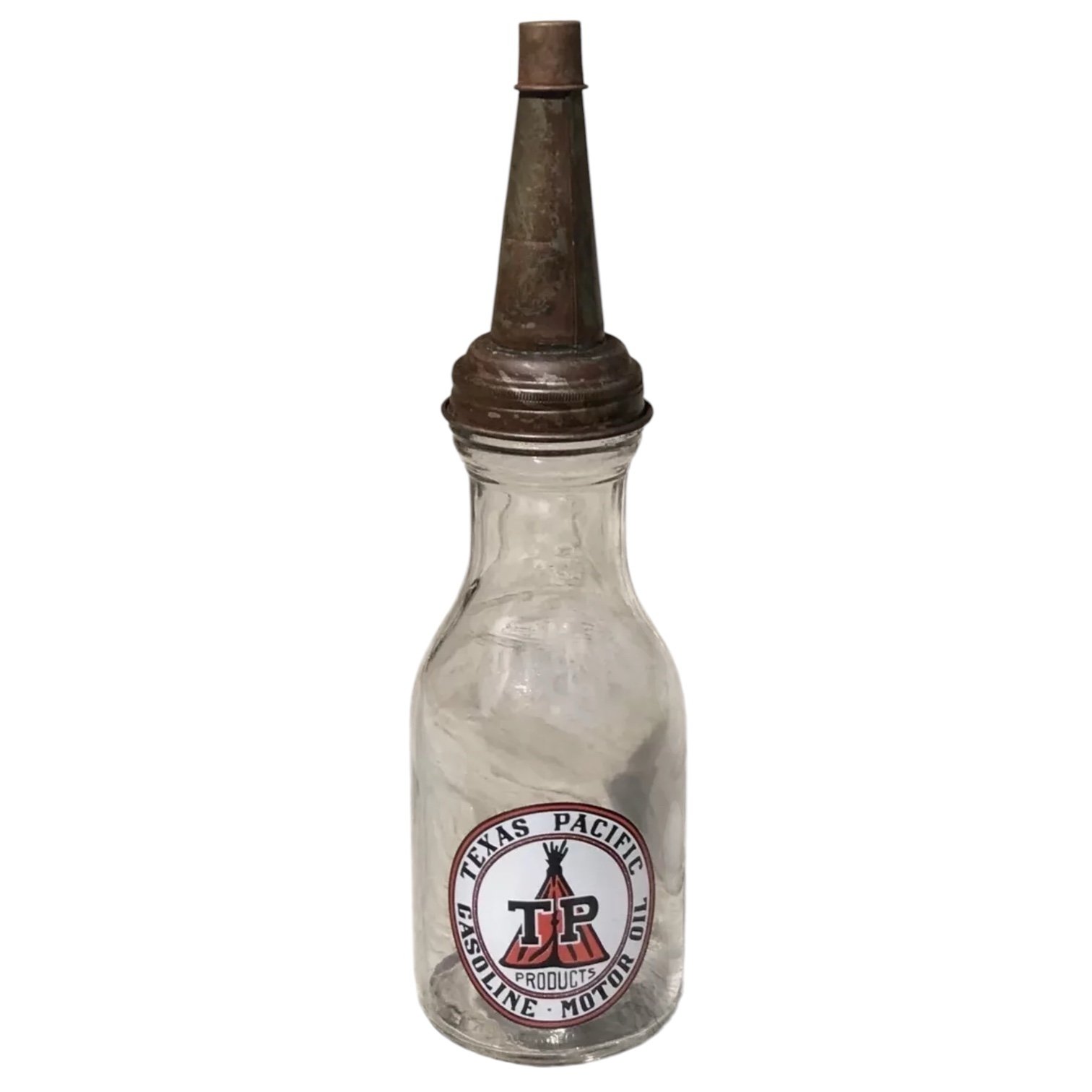 Texas Pacific - vintage glass oil bottle with metal lid