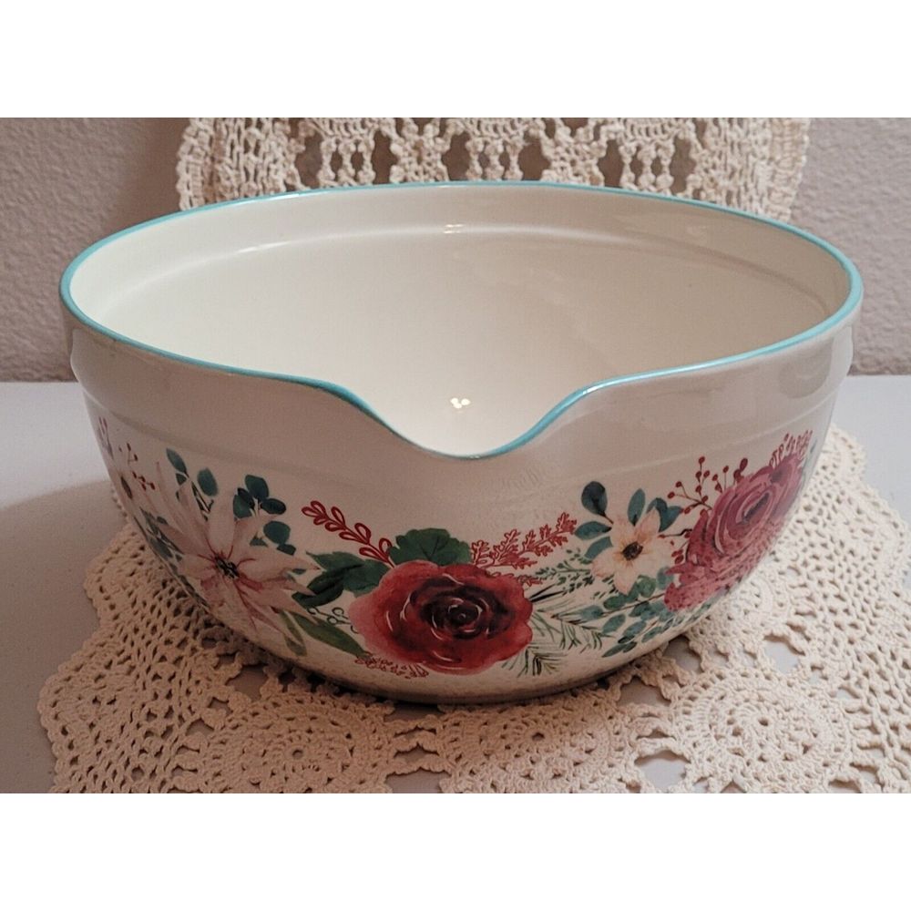 Pioneer Woman floral Design 3 Qt Mixing Bowl With Spout. Blue Rim. Gorgeous WOW!