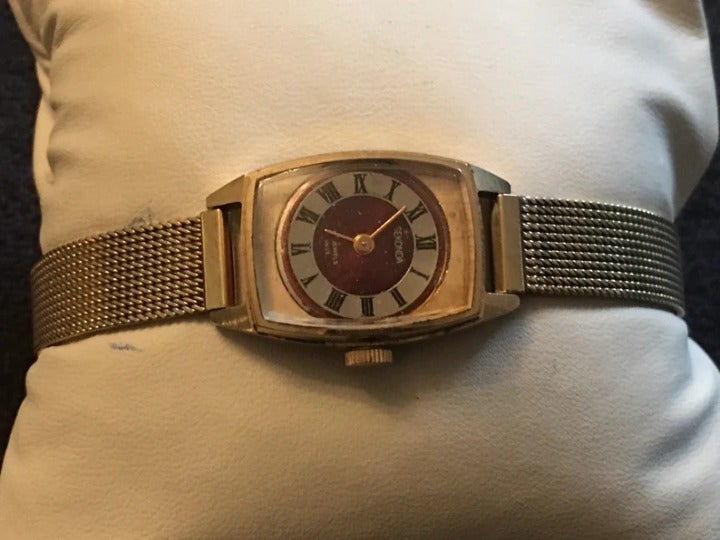 Vintage Rare ladies watch gold tone with red enamel face