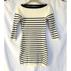 Reformation Ines Ribbed White and Navy Striped Sweater Dress, Small