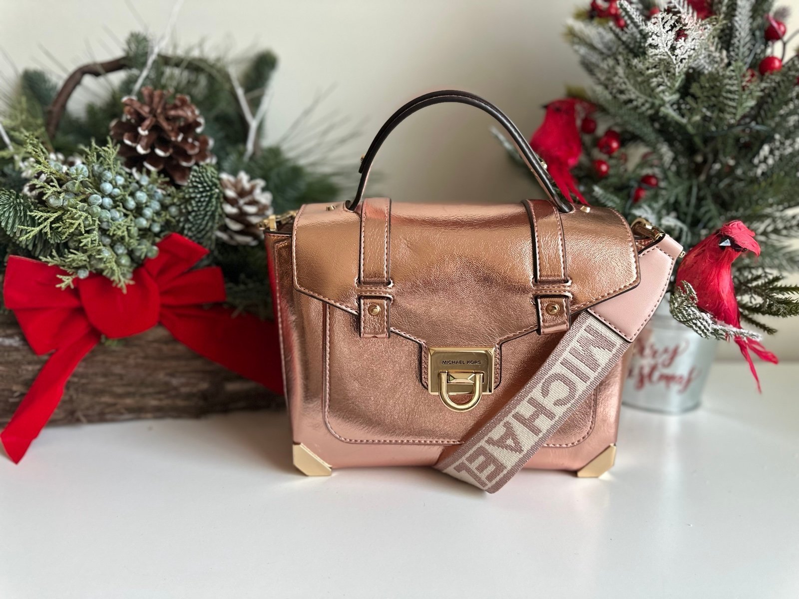 NWT Michael Kors Manhattan Top Handle Patent Leather Satchel Primrose Rose Gold