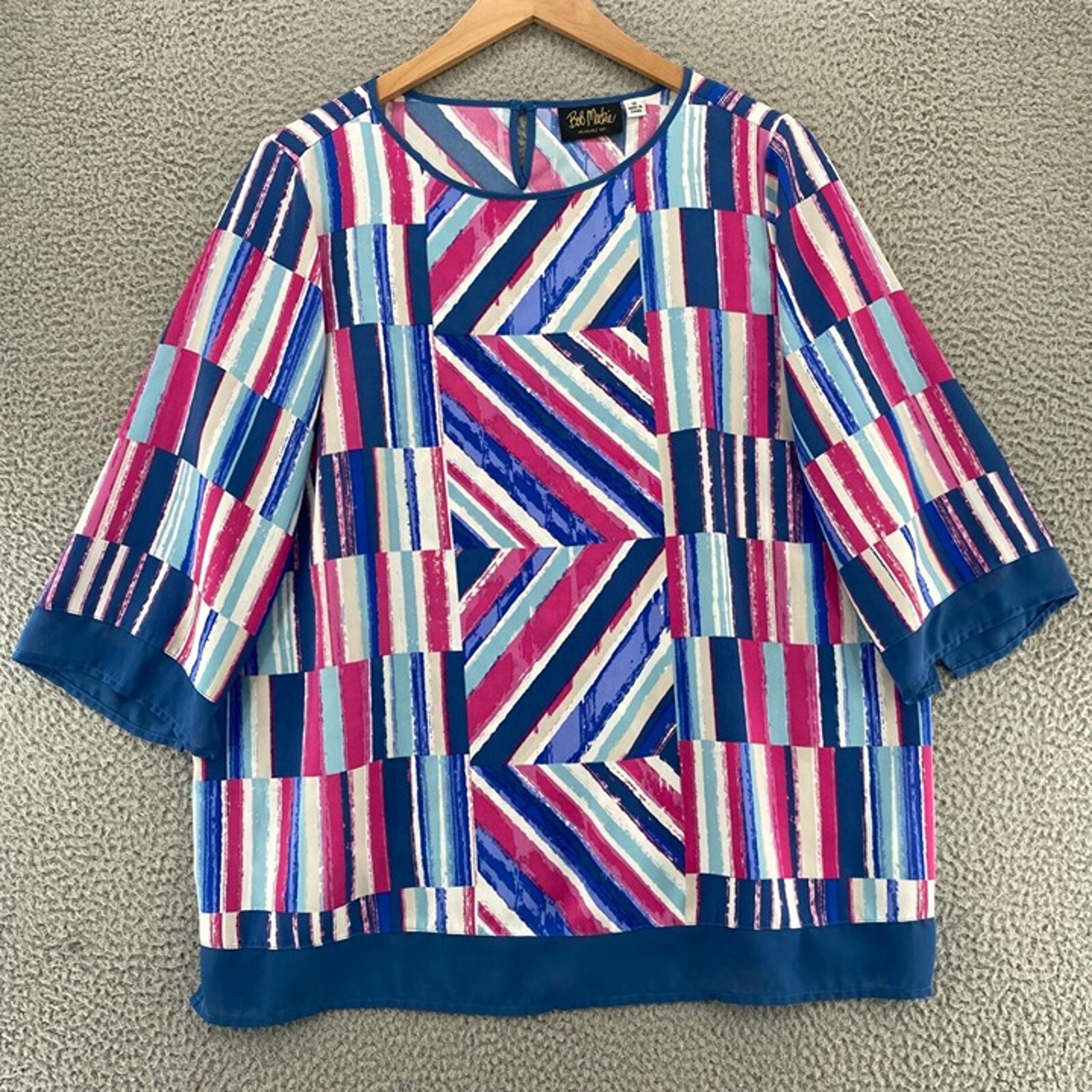 Bob Mackie Top Womens 1X Plus Blue Multi Striped Long Sleeve Blouse Tunic Art