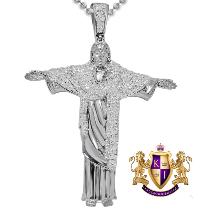 Real Genuine Diamond Christ Redeemer Statue Jesus Charm Pendant Chain Set 2.5