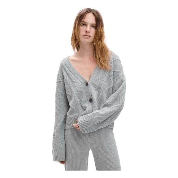 Gap CashSoft Cable Knit Cardigan Sweater Grey Heather Button Front Long Sleeve M