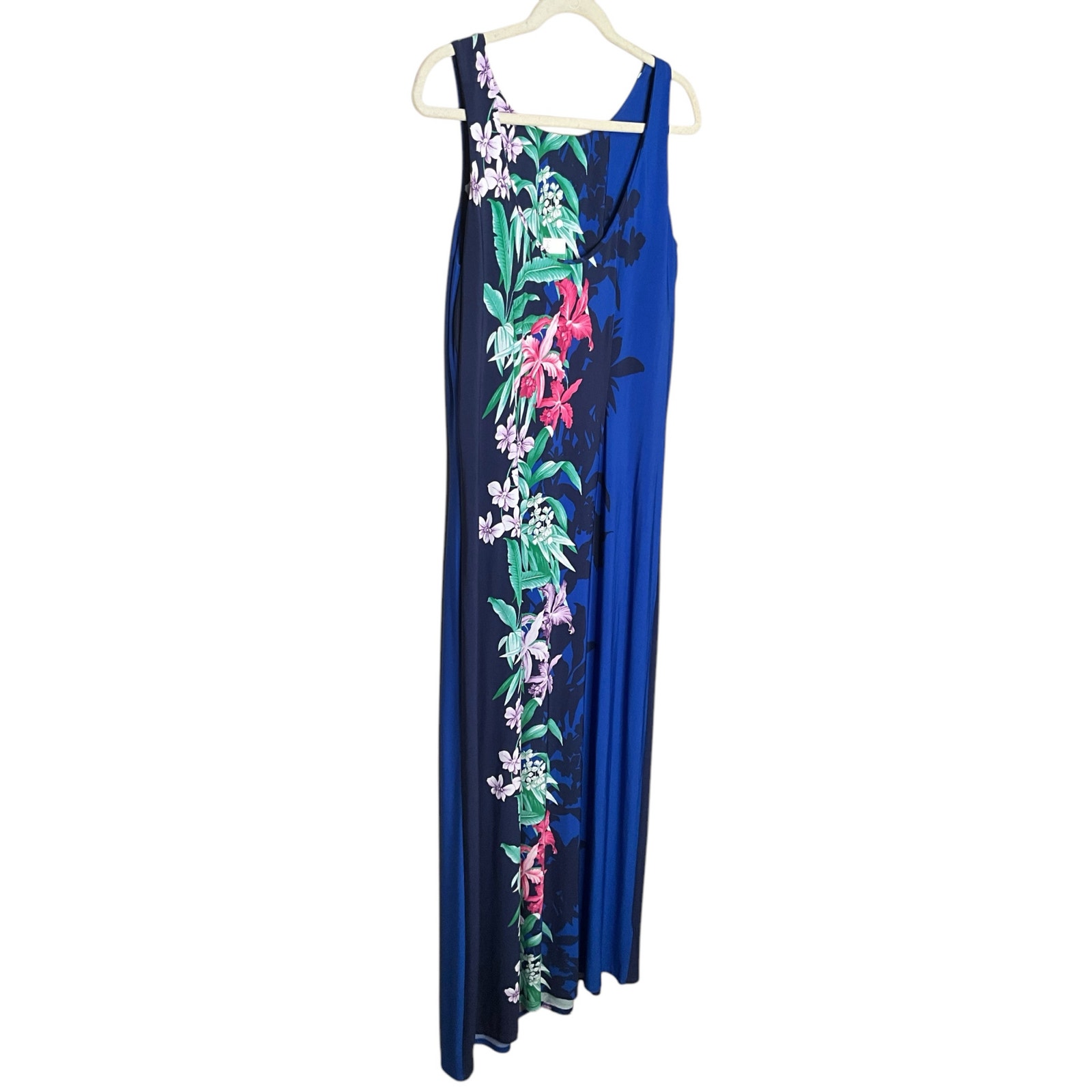 Tommy Bahama Orchid Grove Maxi Floral Dress Schoop Neck Sleeveless Blue Sz L NWT