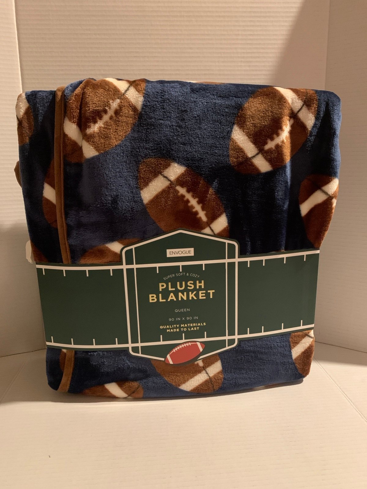 Envogue Plush Football Blanket Blue Size Queen NEW