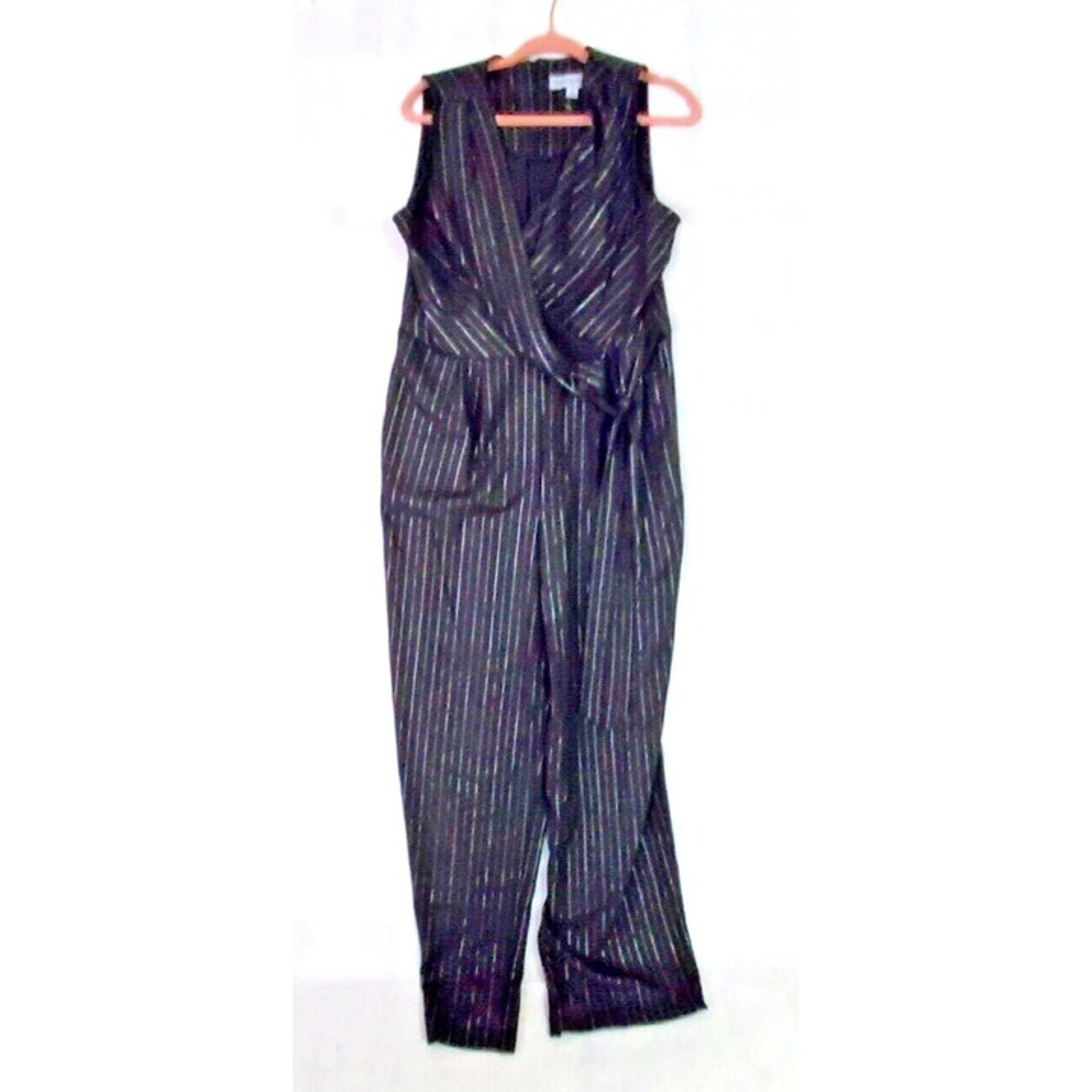 Emma & Michele Faux Wrap Sleeveless Striped Jumpsuit Women's Sz 12 Black Silver