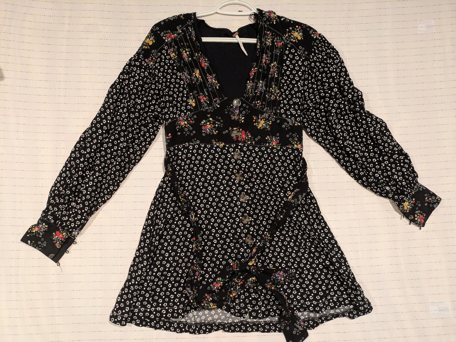 Free People Black Wonderland Mini Dress Boho Tunic Dress Small Floral
