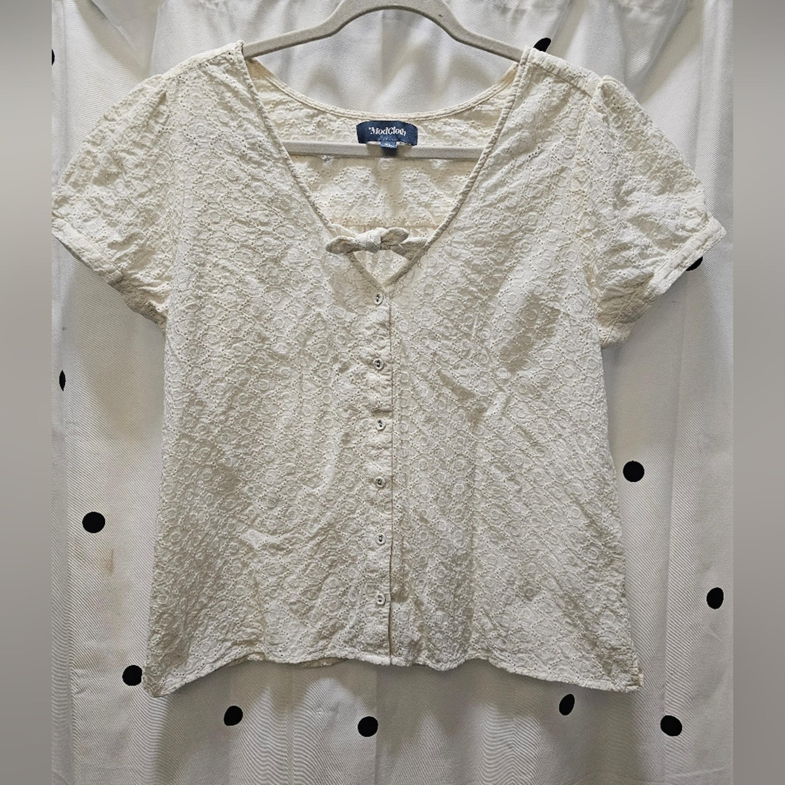 Modcloth cream button front puff sleeve cotton floral eyelet top XL