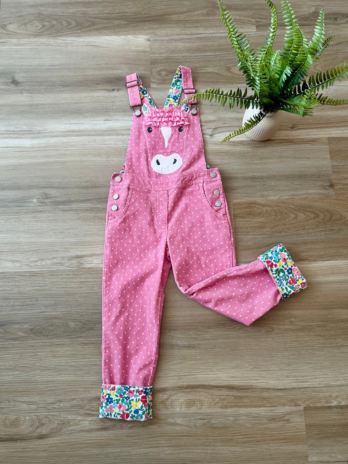 Mini Boden Kids' Applique Horse Overalls in Formica Pink size 6-7