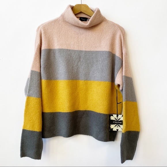 70% off Sweater Neck Mock Stripe Block Color Knit Cliche Wool XL Women's Mustard Blend Women 70% off Sweater Neck Mock Stripe Block Color Knit Cliche Wool XL Women's Mustard Blend Women