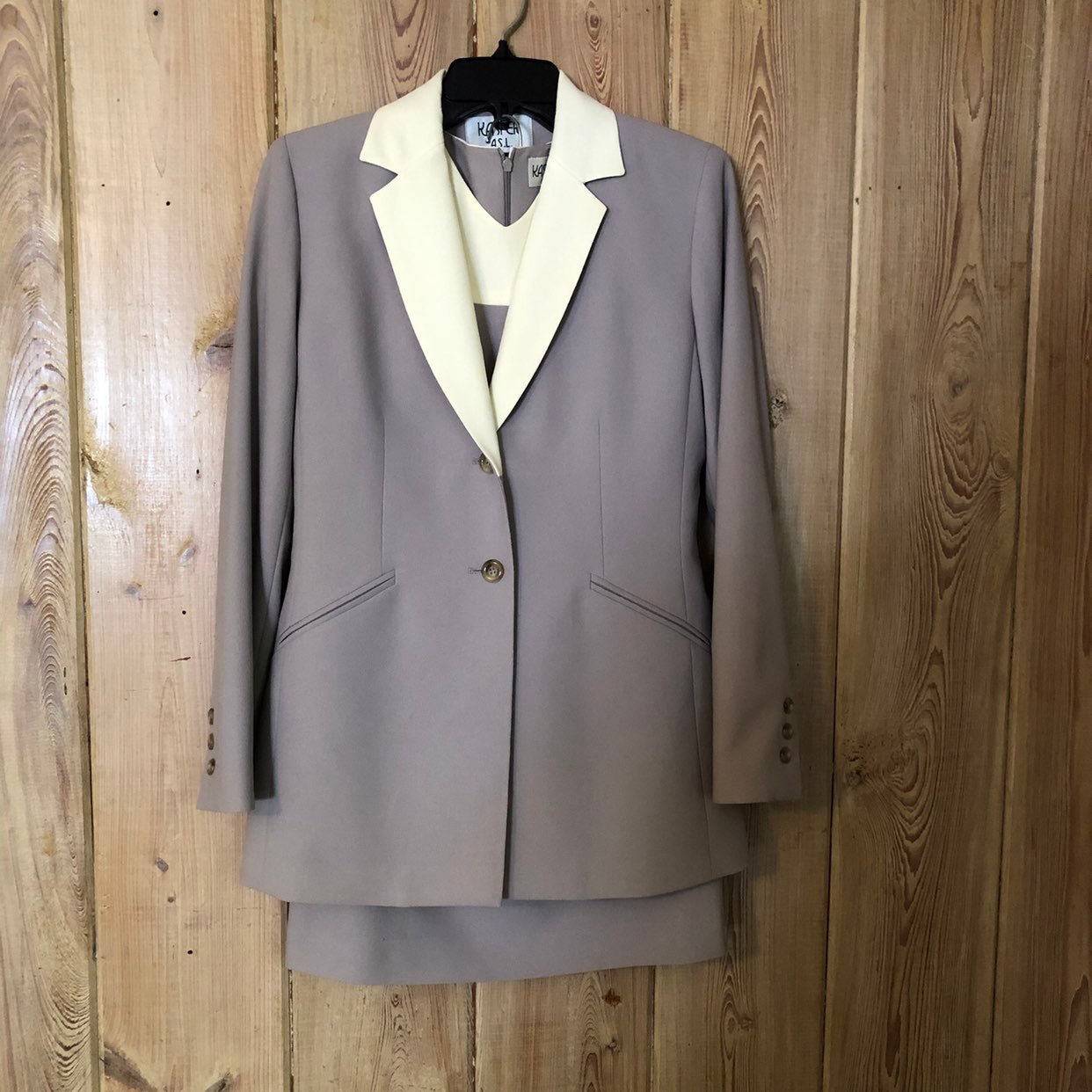Classy Kasper ASL 3 Piece Lined Skirt Suit Size 4 Taupe & Ivory Career Church