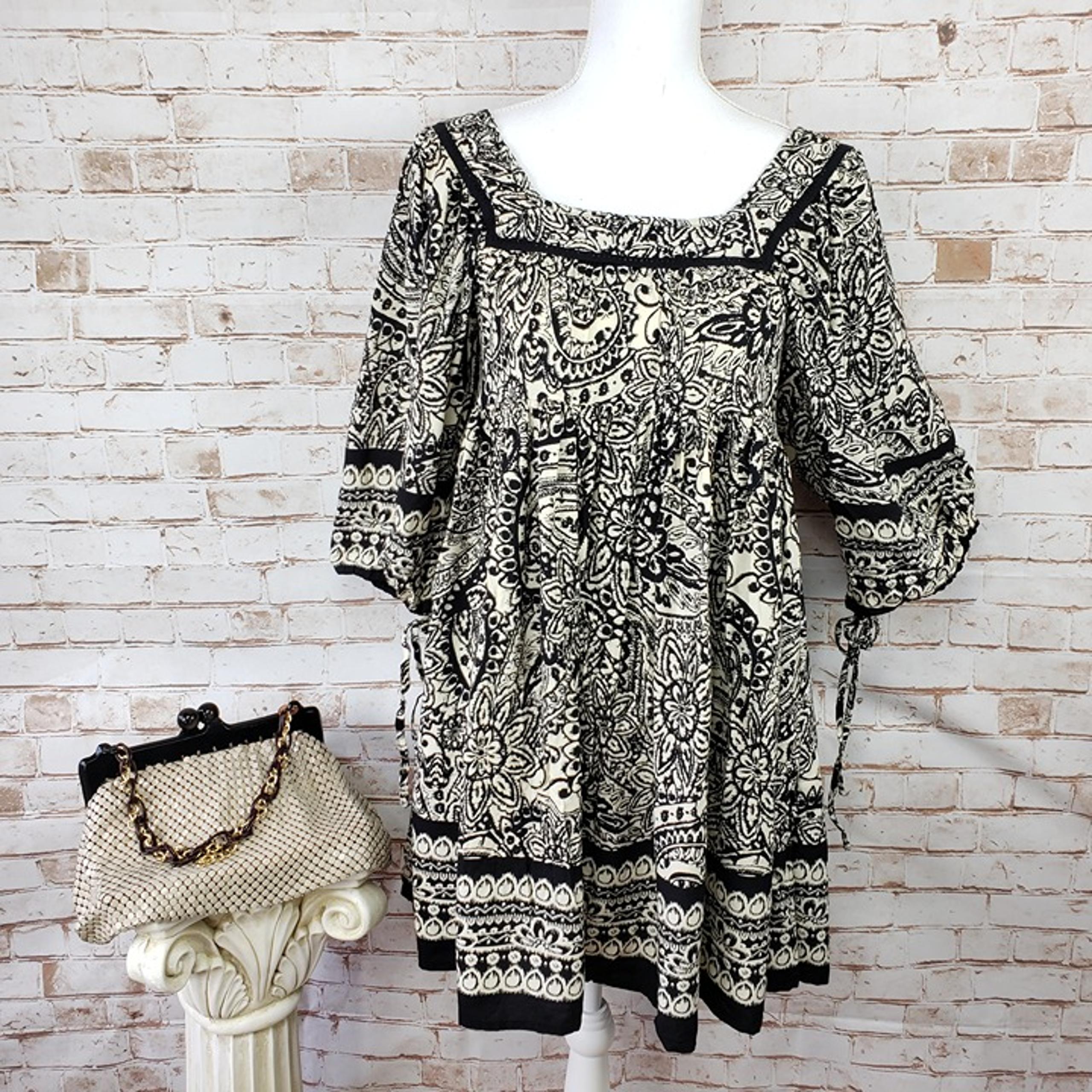 NWT Audrey 3+1 Sz M Black/Ivory Print Boho Peasant Tie Sleeve Short Dress RP $52