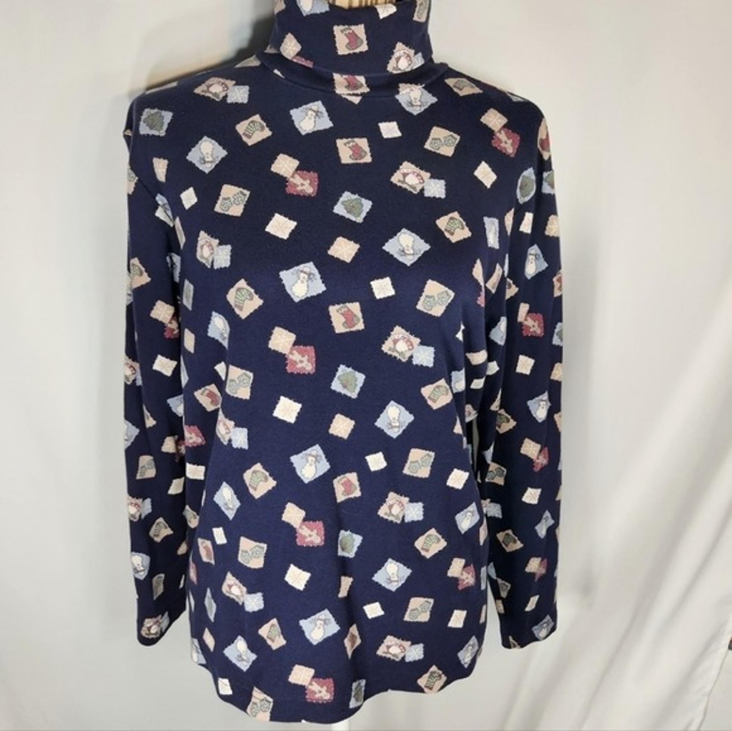 Croft & Barrow Navy Cotton Turtleneck w/ Country Christmas Pattern Size Medium