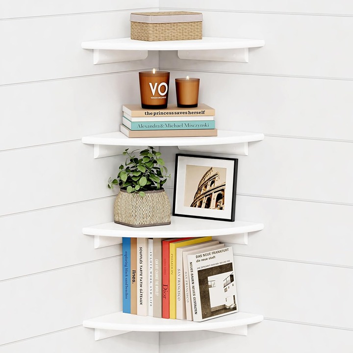 Set of 4 Large Modern Round Wall Corner White Floating Book Shelves NEW