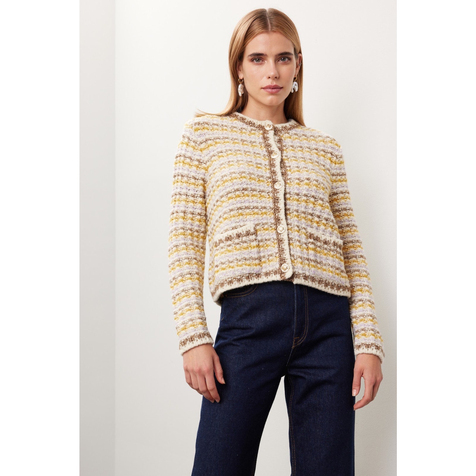 ba&sh Bill Button Front Cropped Tweed Knit Wool Blend Cardigan Sweater Size XS