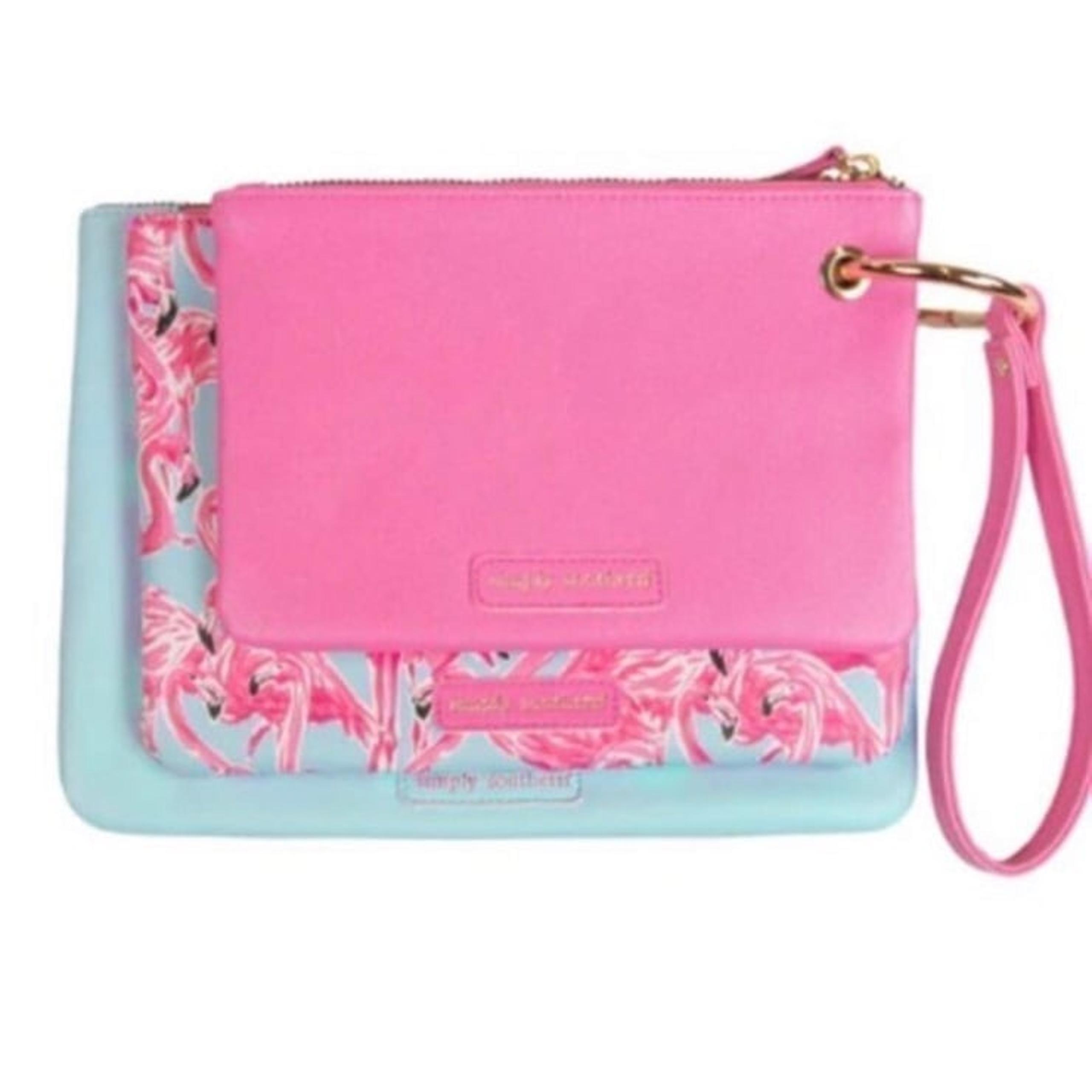 NWT Simply Southern Women's Flamingo 3 in 1 Clutch/Wallet Leather Set Pink/Blue