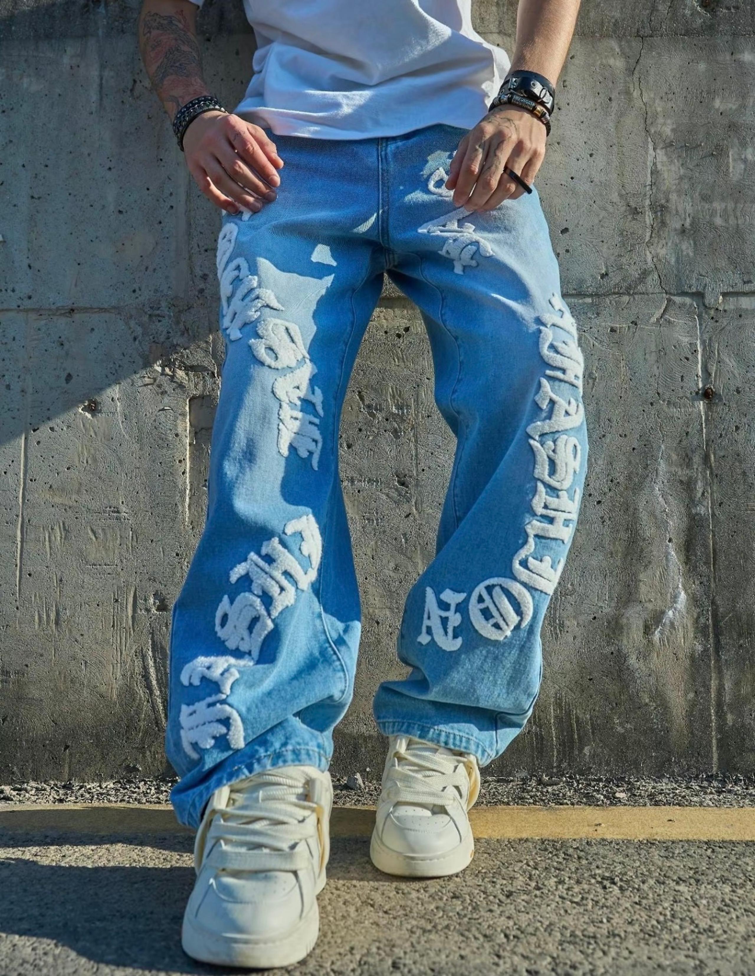 Men’s Letter Print Denim Jeans, XS