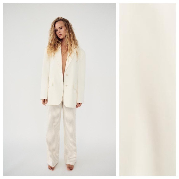 NWT. Zara Ecru Viscose Blend Oversized Lapel Collar Blazer. Size M-L.