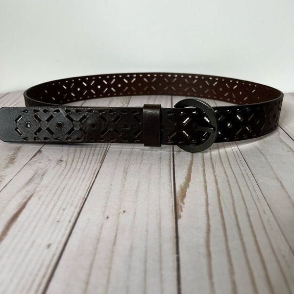 Brown Leather Laser Cut Bohemian Belt Brass Buckle