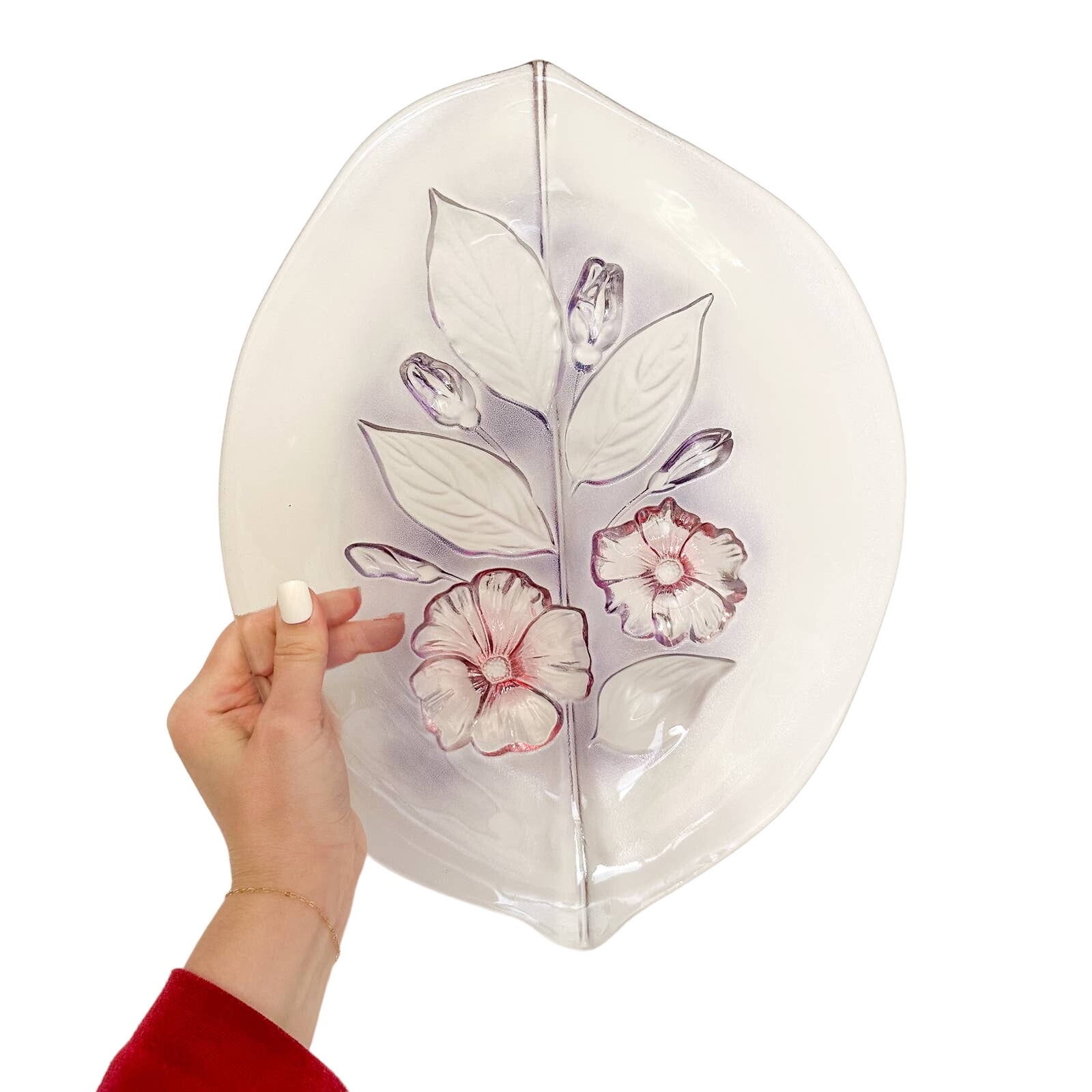 Murano Vintage Multicolored Floral Leaf Shaped Serving Platter Molded Glass