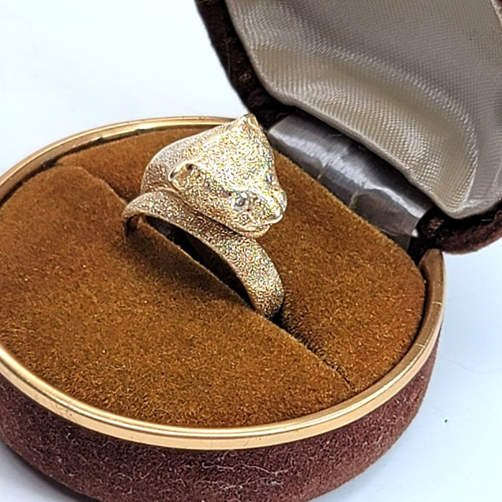 14K Gold Ring Cougar Leopard Cat Animal Stone Eyes Size 5.5 JJ3386