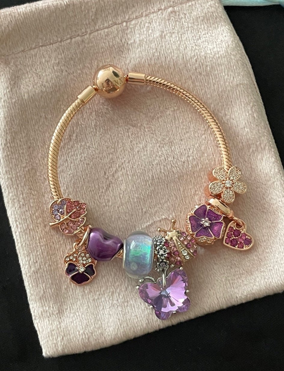 Linx Rose Gold Snake Chain Bracelet with Purple Themed Charms