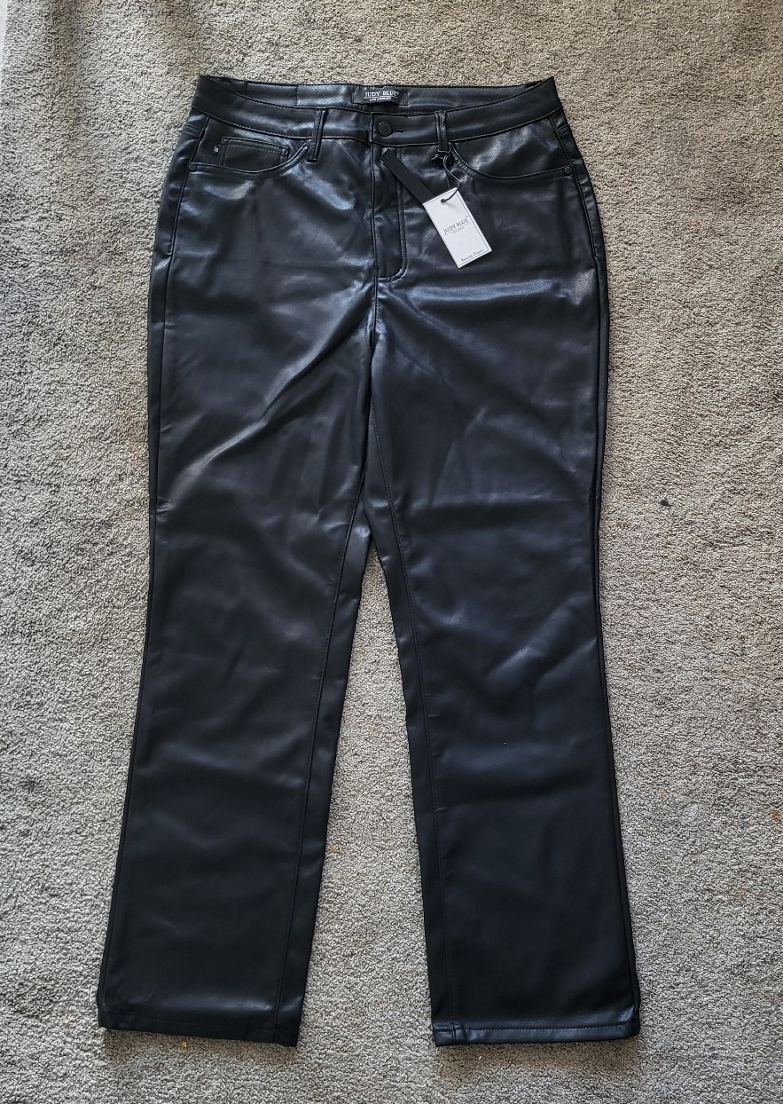 Judy Blue women's black high rise tummy control faux leather pants size 15/32