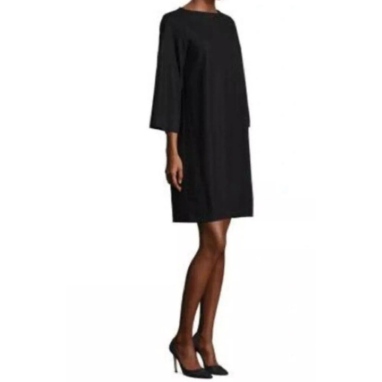 Eileen Fisher Black 100% Wool Split Bell Sleeves Shift Minimalist Shift Dress XS