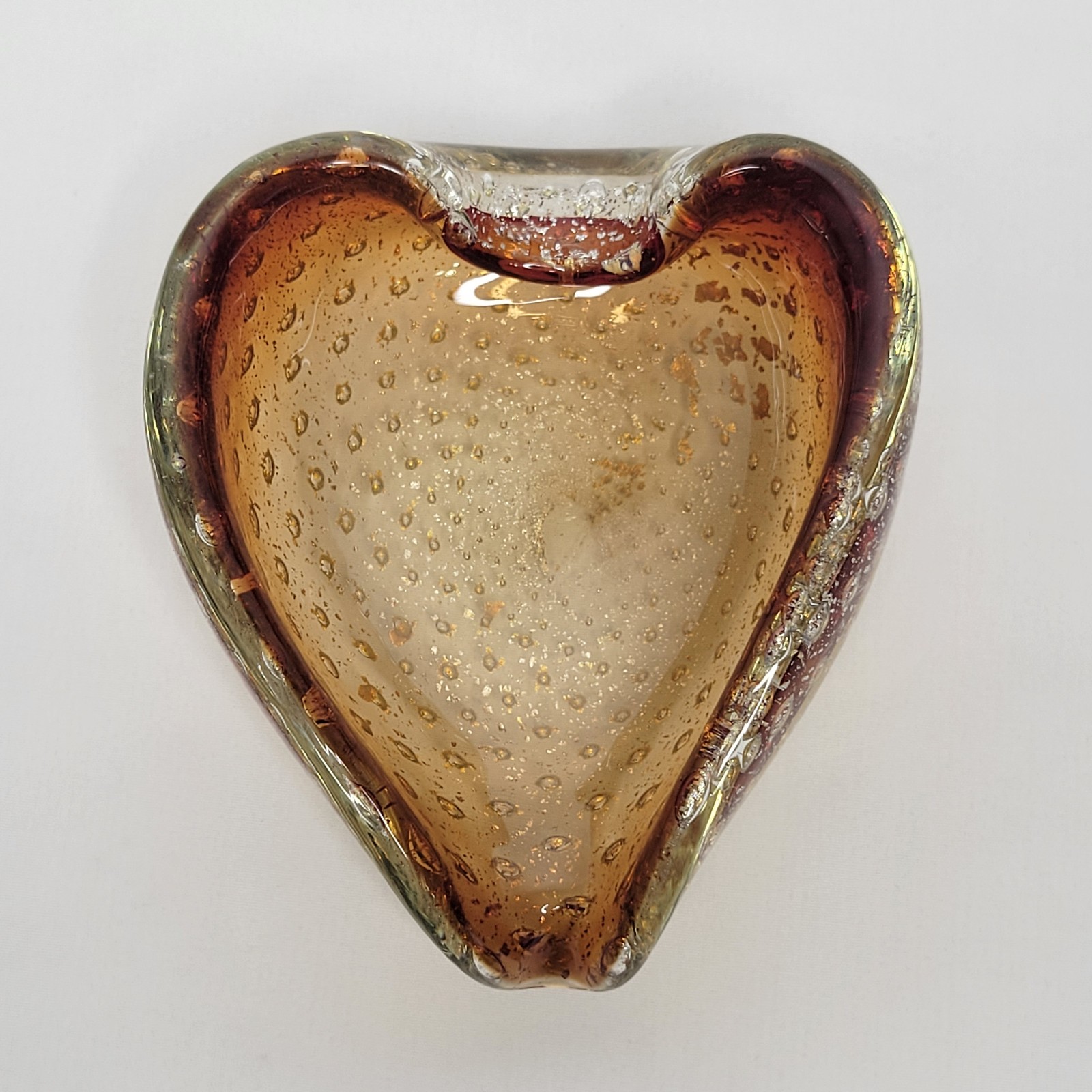 Vintage Murano Art Glass Amber Silver Fleck Bullicante Heart Shaped Dish Bowl